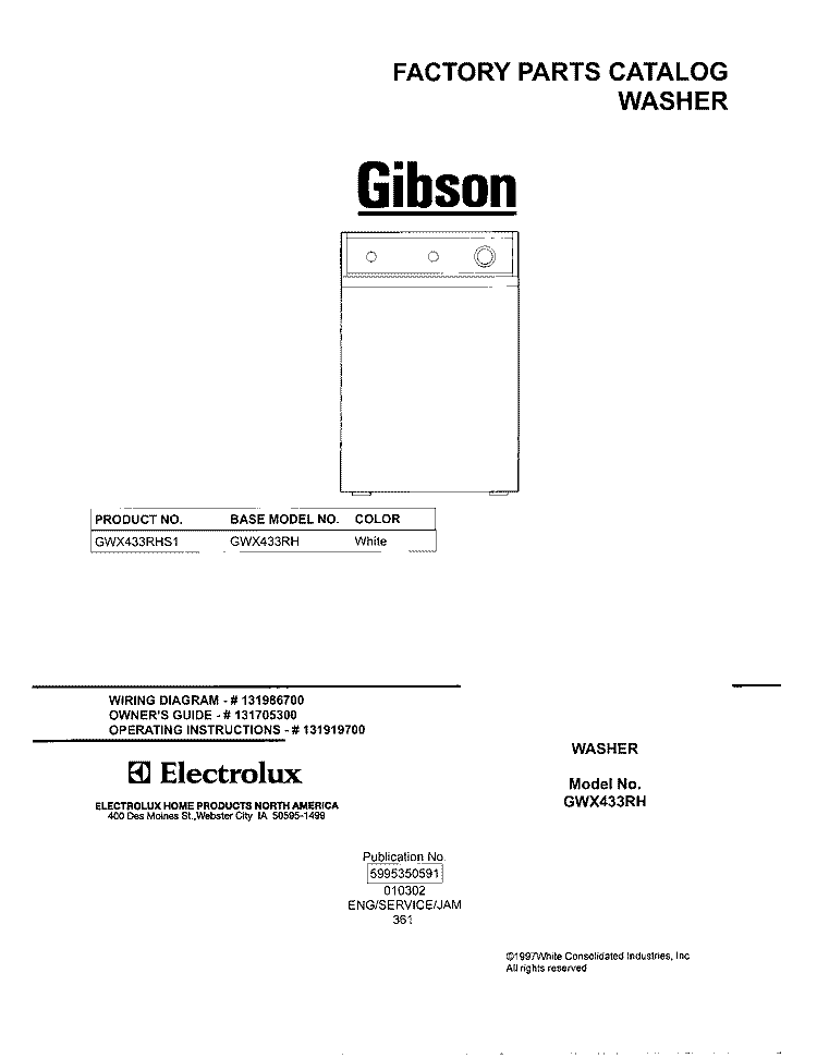 COVER Diagram and Parts List for GWX433RHS1  Gibson Washer