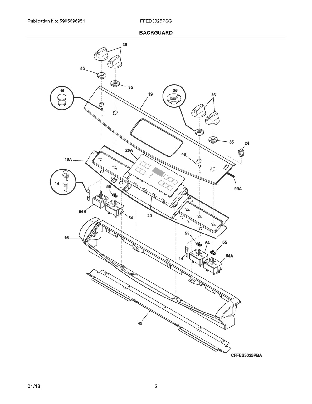 Backguard Diagram and Parts List for FFED3025PSG  Frigidaire Range
