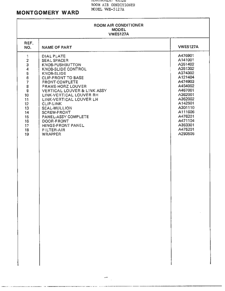 Room Air Conditioner Page 2 Diagram and Parts List for 5127A  Frigidaire Air Conditioner