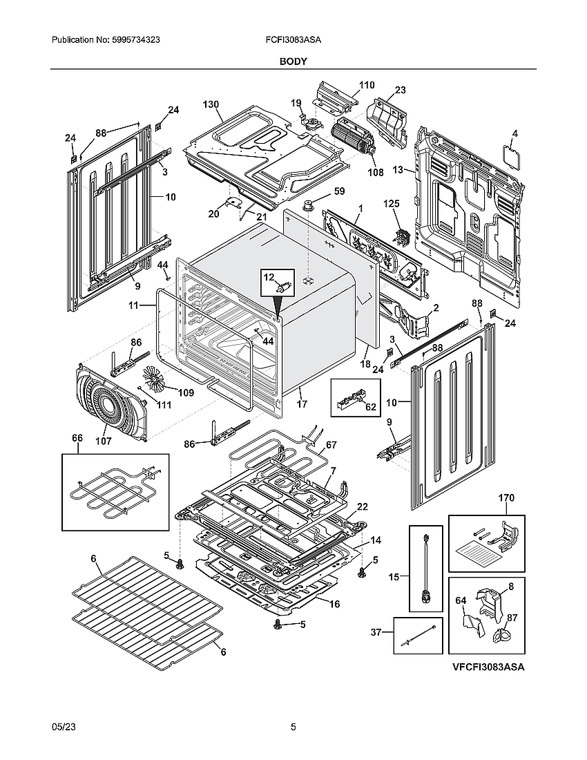 Body Diagram and Parts List for FCFI3083ASA  Electrolux Range