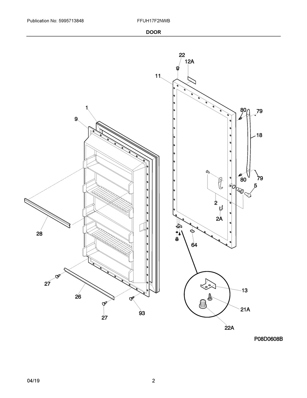 Door Diagram and Parts List for FFUH17F2NWB  Frigidaire Freezer