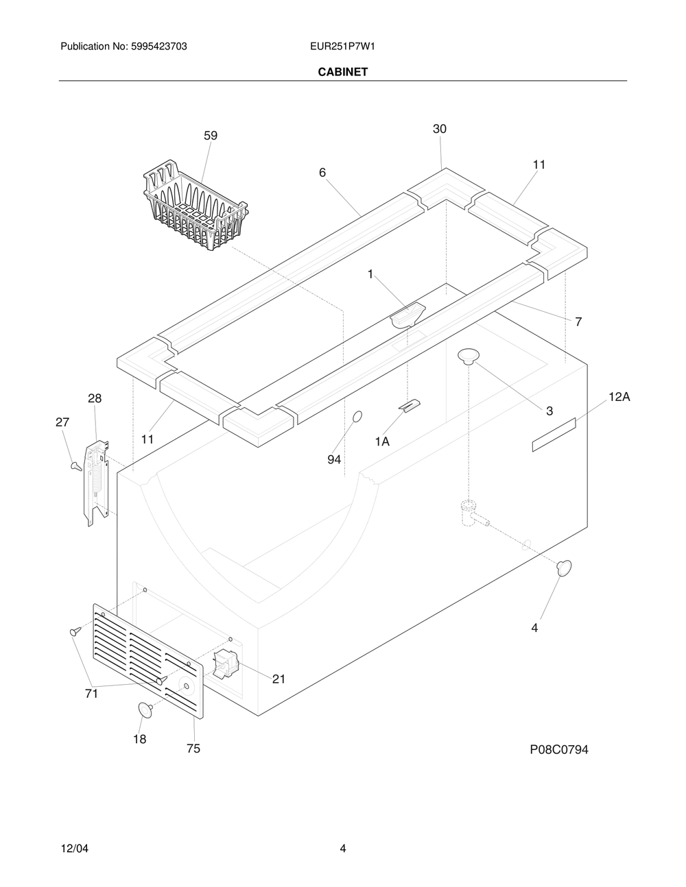 Cabinet Diagram and Parts List for EUR251P7W1  Frigidaire Freezer