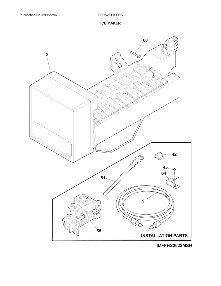 Ice Maker Diagram and Parts List for FFHS2311PFHA  Frigidaire Refrigerator