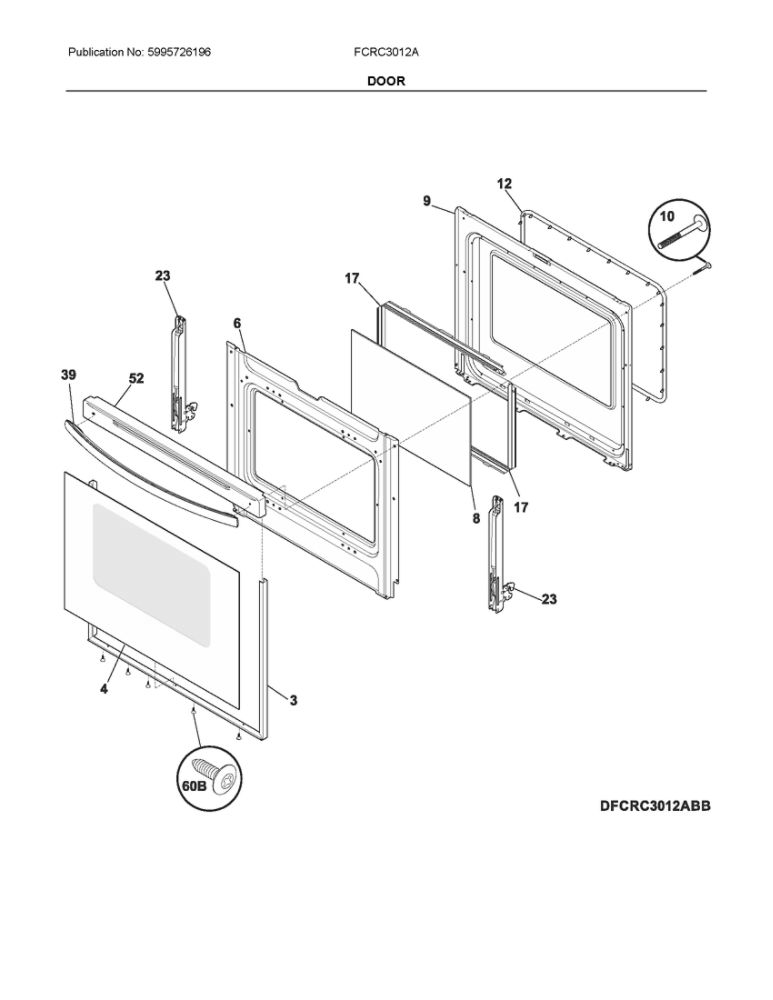 Door Diagram and Parts List for FCRC3012ABD  Frigidaire Range