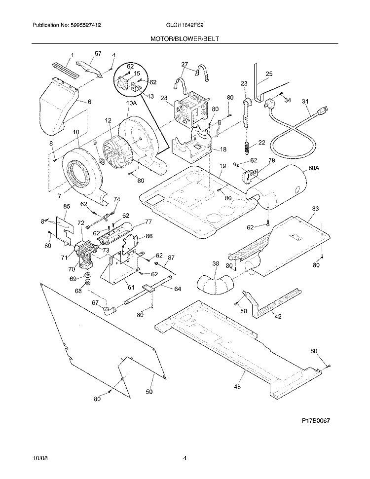 MOTOR/BLOWER/BELT Diagram and Parts List for GLGH1642FS2  Frigidaire Washer Dryer Combo