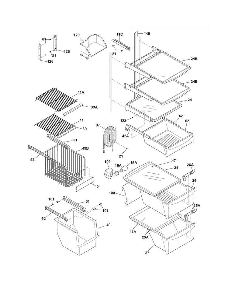 Shelves Diagram and Parts List for FRS6LF7JS8  Frigidaire Refrigerator