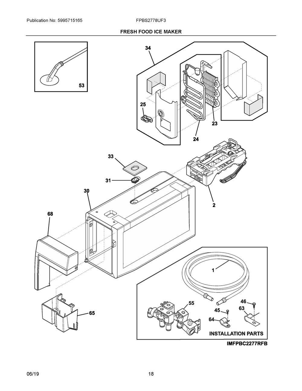 Fresh Food Ice Maker Diagram and Parts List for FPBS2778UF3  Frigidaire Refrigerator