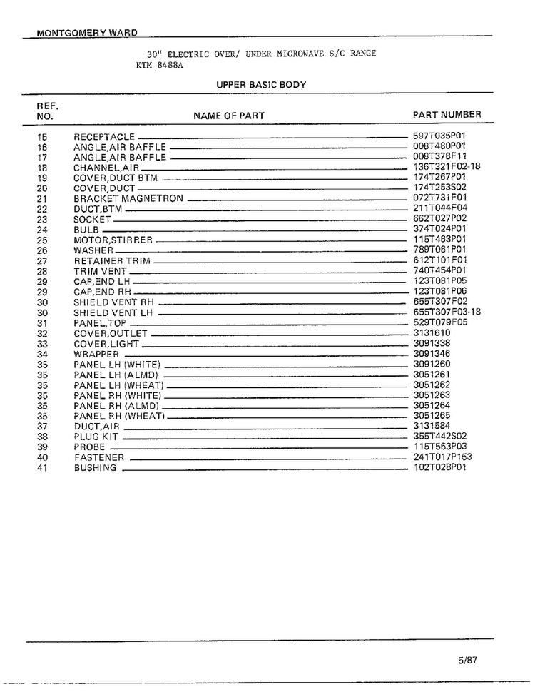 Upper Basic Body Page 2 Diagram and Parts List for 8488A  Frigidaire Range