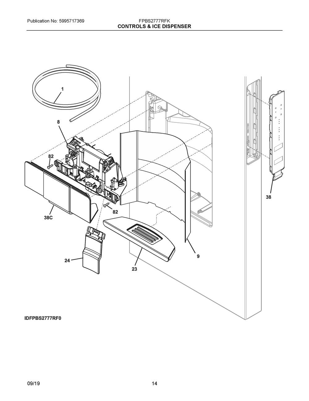 Controls & Ice Dispenser Diagram and Parts List for FPBS2777RFK  Frigidaire Refrigerator