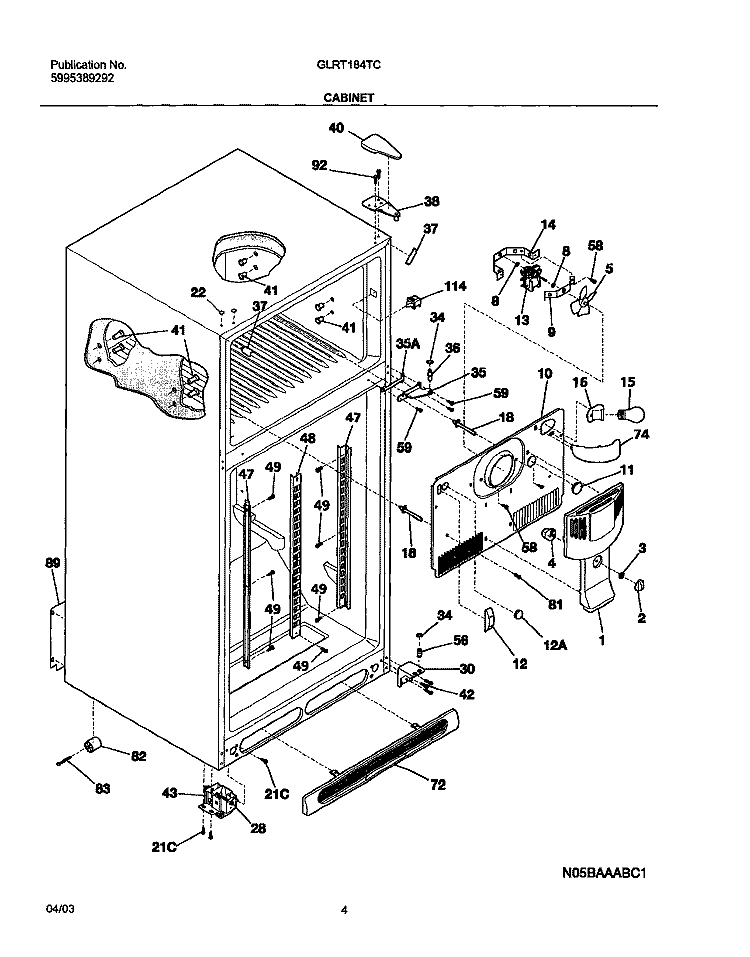 CABINET Diagram and Parts List for GLRT184TCB1  Frigidaire Refrigerator