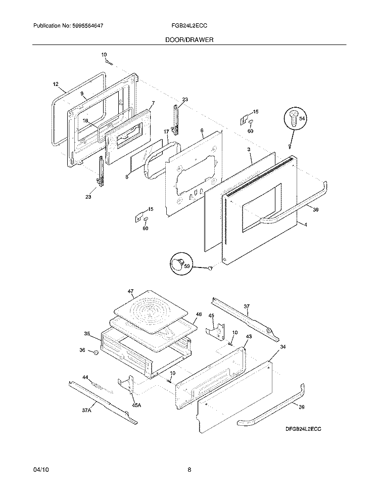 DOOR/DRAWER Diagram and Parts List for FGB24L2ECC  Frigidaire Wall Oven
