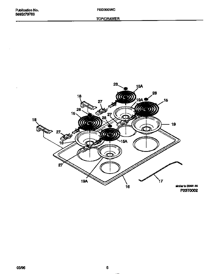 TOP / DRAWER Diagram and Parts List for FED300WCWD  Frigidaire Range