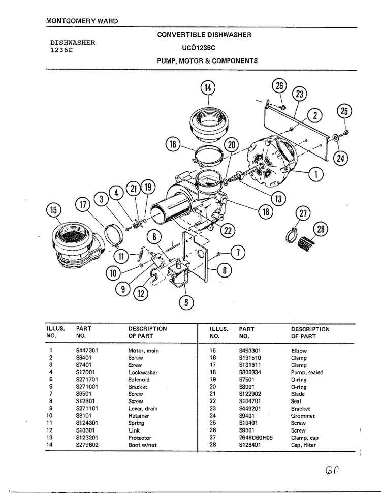 Pump, Motor & Components Diagram and Parts List for 1236C  Frigidaire Dishwasher