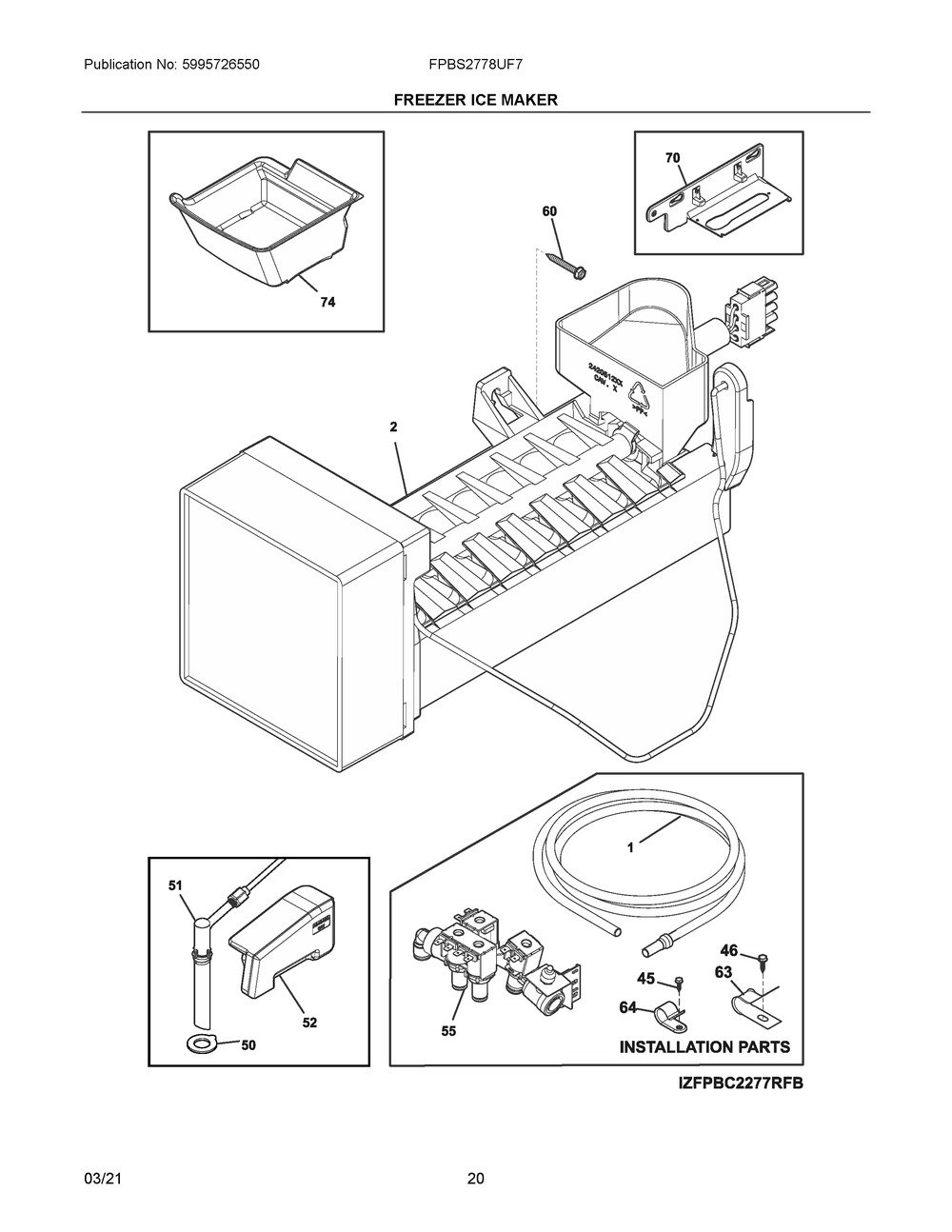 Freezer Ice Maker Diagram and Parts List for FPBS2778UF7  Frigidaire Refrigerator
