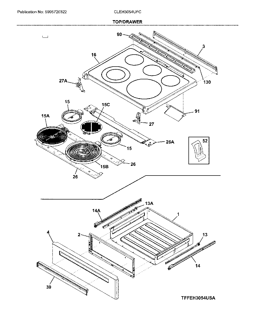 Top/drawer Diagram and Parts List for CLEH3054UFC  Frigidaire Range