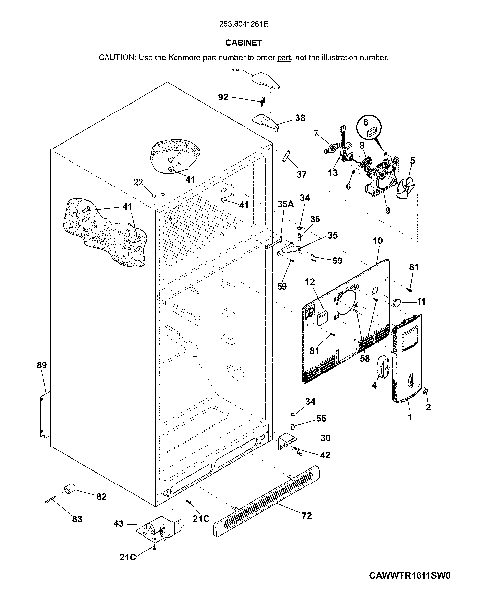 Cabinet Diagram and Parts List for 2536041261E  Kenmore Refrigerator
