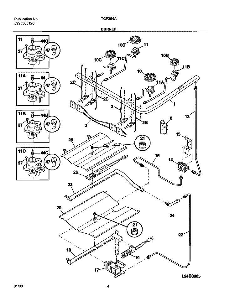 BURNER Diagram and Parts List for TGF364ASE  Tappan Range