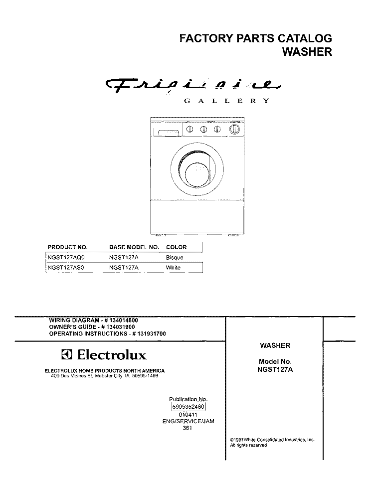 COVER Diagram and Parts List for NGST127AQ0  Frigidaire Washer