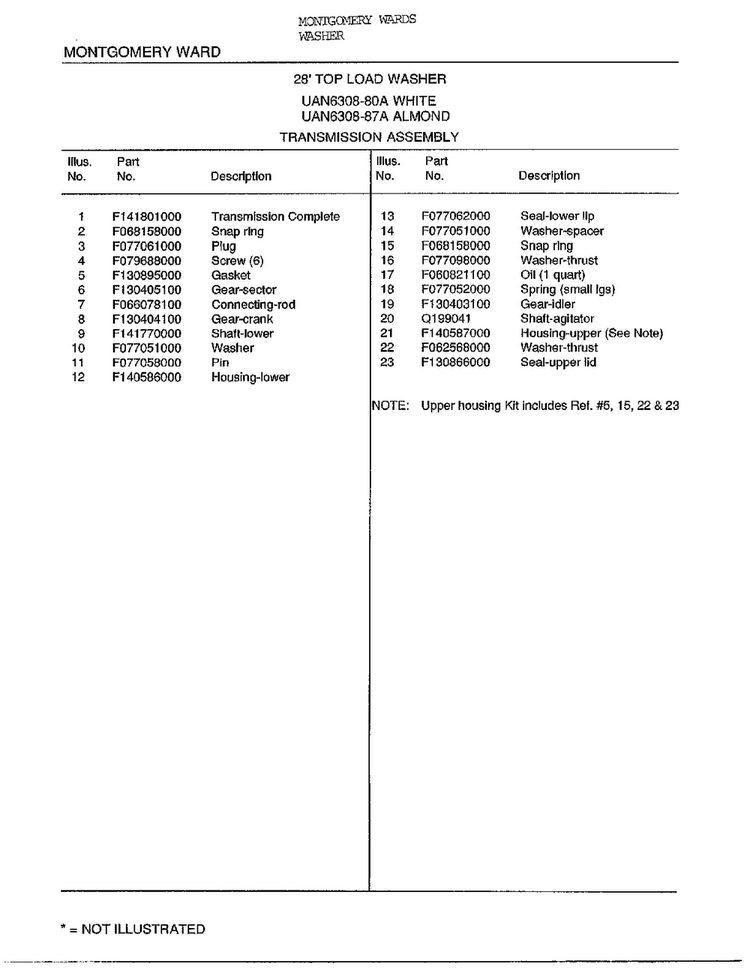 28` Top Load/transmission Assembly Page 2 Diagram and Parts List for 6308A  Frigidaire Washer