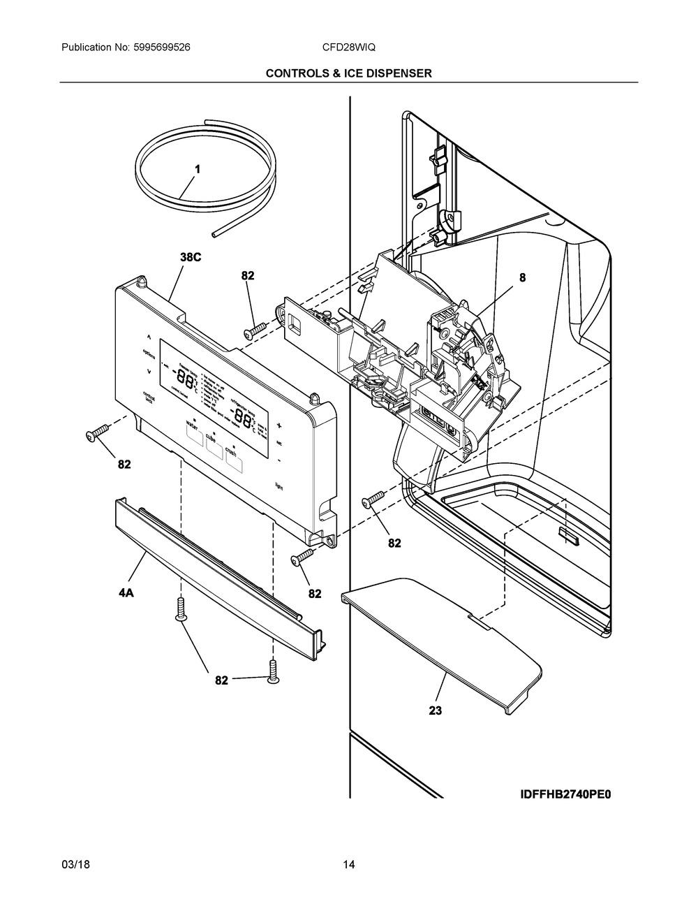 Controls & Ice Dispenser Diagram and Parts List for CFD28WIQB9  Frigidaire Refrigerator