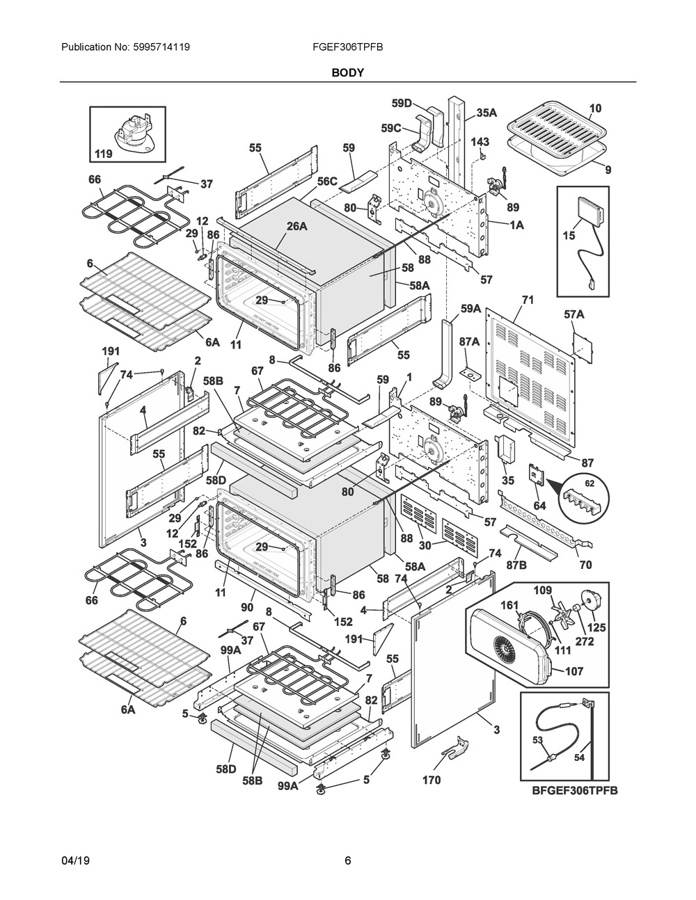 Body Diagram and Parts List for FGEF306TPFB  Frigidaire Range