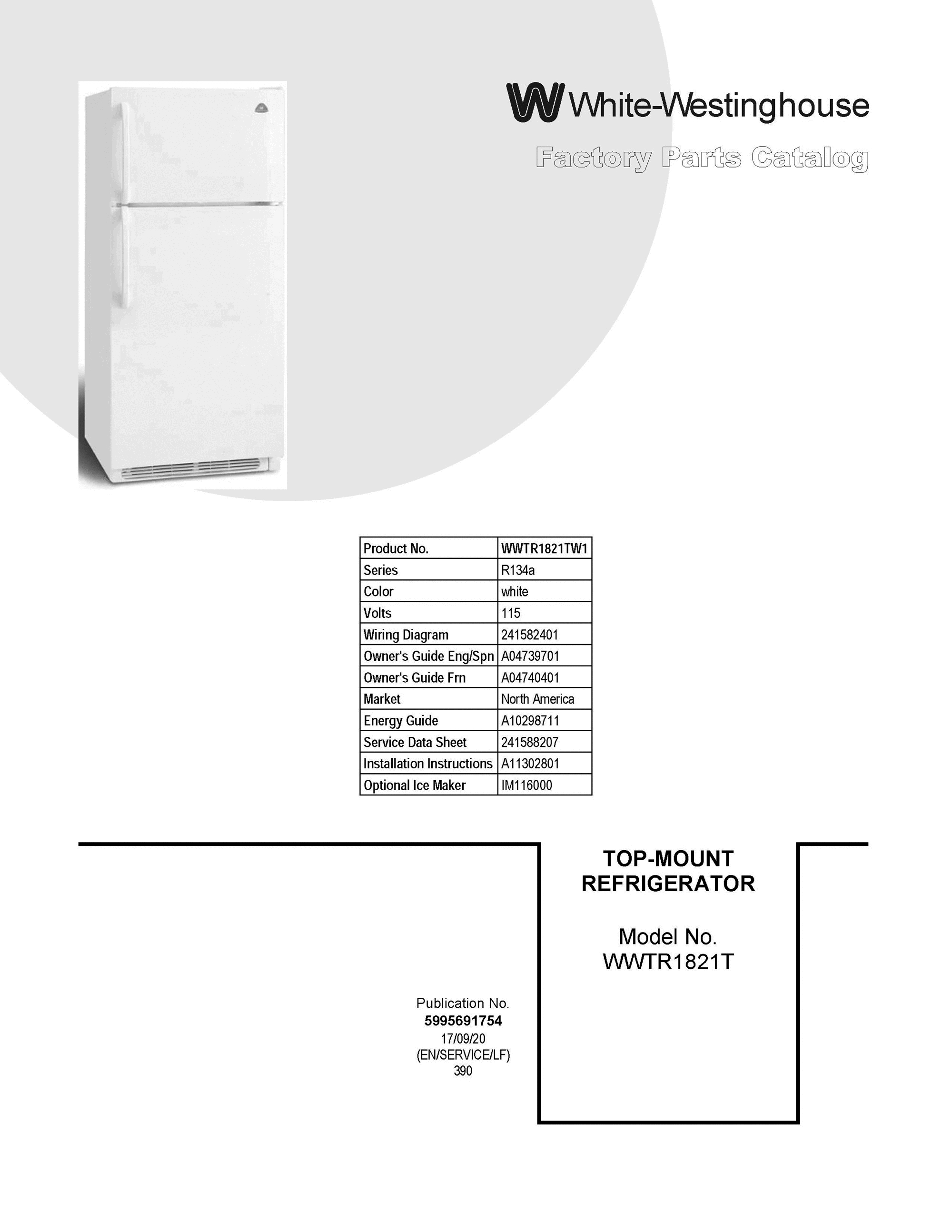 01 - COVER SHEET Diagram and Parts List for WWTR1821TW1  Frigidaire Refrigerator