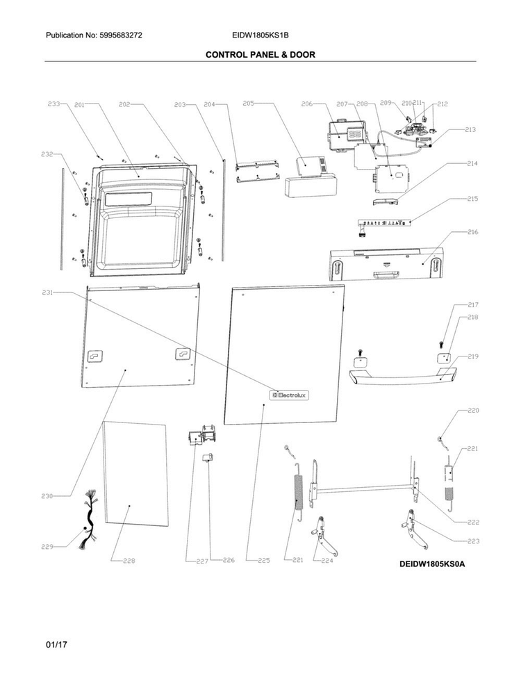 Control Panel & Door Diagram and Parts List for EIDW1805KS1B  Electrolux Dishwasher