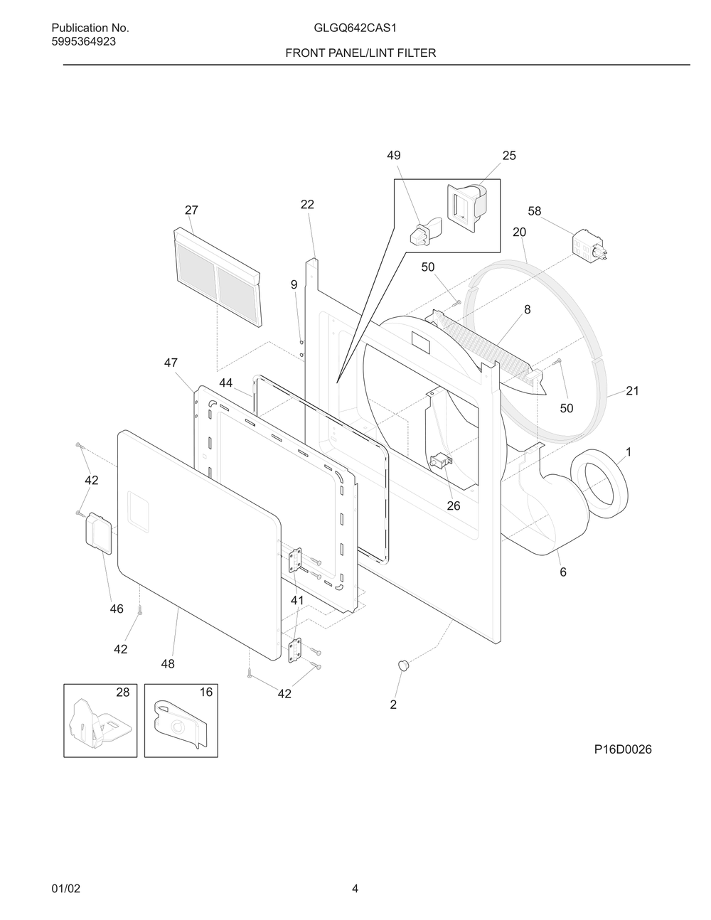 Front Panel/Lint Filter Diagram and Parts List for GLGQ642CAS1  Frigidaire Dryer