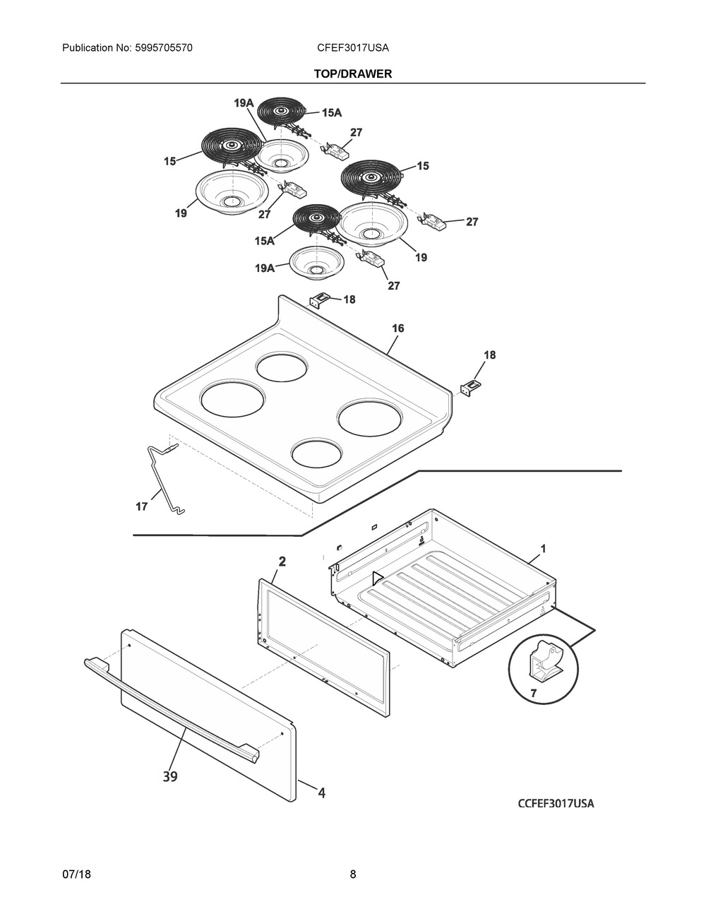 Top/drawer Diagram and Parts List for CFEF3017USA  Frigidaire Range