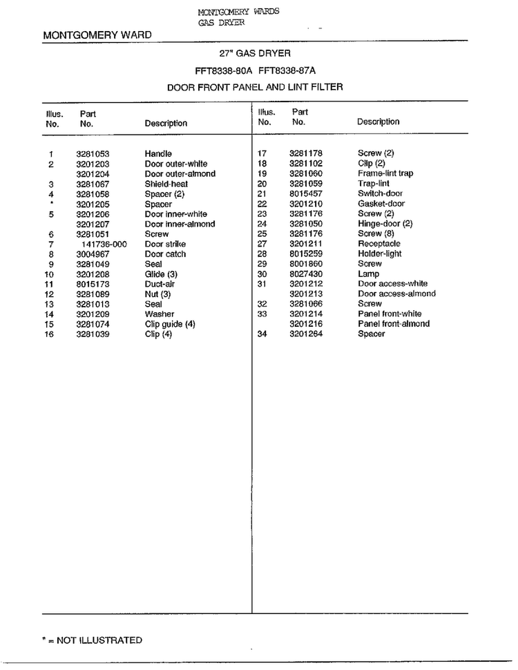 27` Door Front Panel/lint Filter Page 2 Diagram and Parts List for 8338A  Frigidaire Dryer