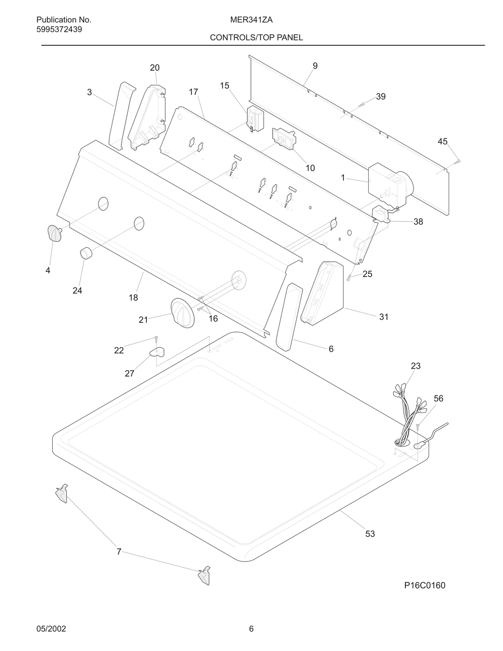 Controls/Top Panel Diagram and Parts List for MER341ZAQ1  Frigidaire Dryer