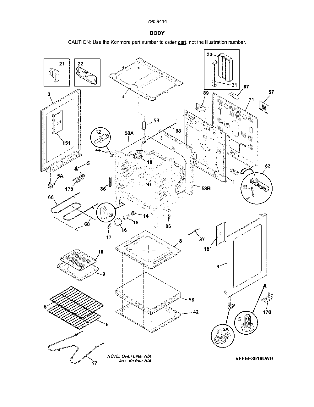Body Diagram and Parts List for 79094144311  Kenmore Range
