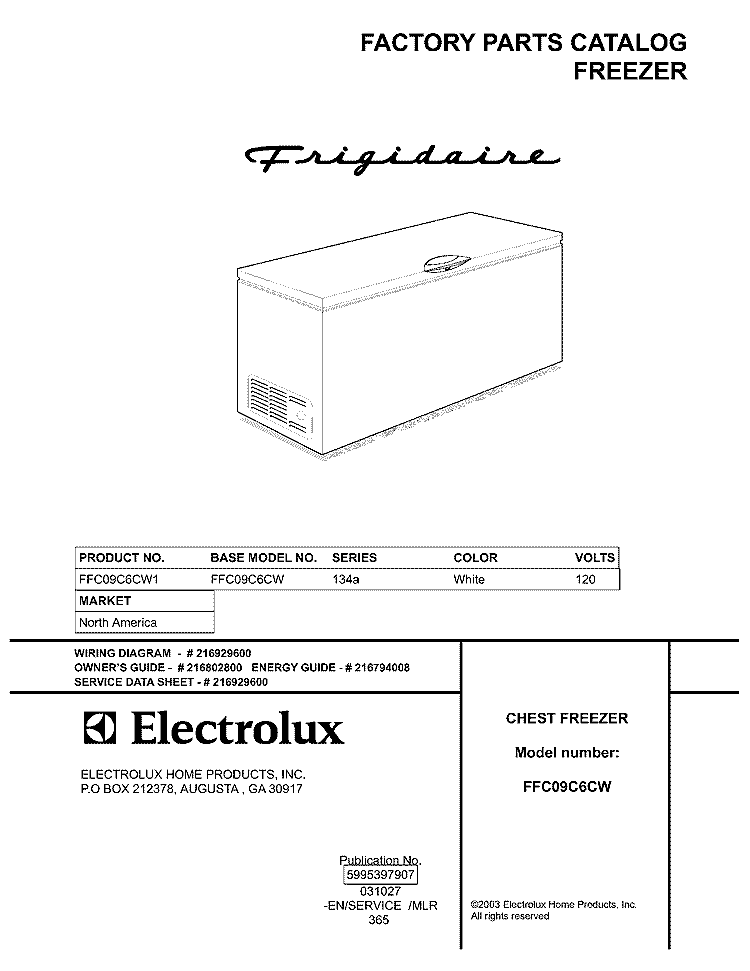 COVER Diagram and Parts List for FFC09C6CW1  Frigidaire Freezer