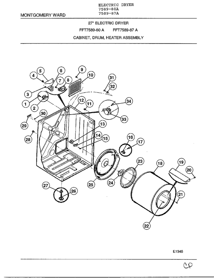 Cabinet, Drum, Heater Assembly Diagram and Parts List for 7589-87A  Frigidaire Dryer