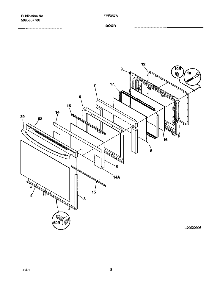 DOOR Diagram and Parts List for FEF357ASB  Frigidaire Range