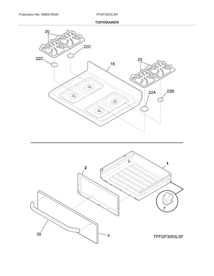 Top/drawer Diagram and Parts List for FFGF3023LSH  Frigidaire Range