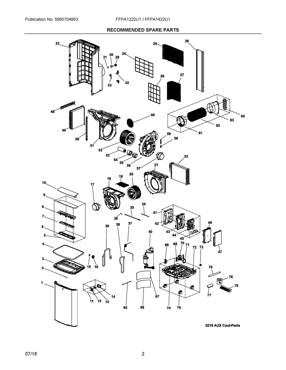Recommended Spare Parts Diagram and Parts List for FFPA1222U100  Frigidaire Air Conditioner
