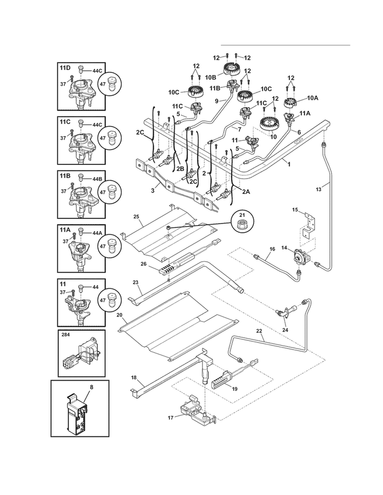 Burner Diagram and Parts List for EI30GF55GSJ  Electrolux Range