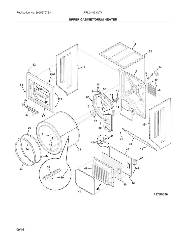 Upper Cabinet/drum Heater Diagram and Parts List for FFLG4033QT1  Frigidaire Washer Dryer Combo