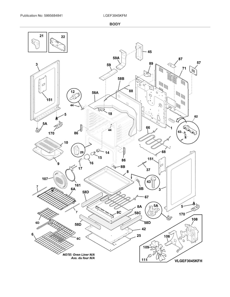 Body Diagram and Parts List for LGEF3045KFM  Frigidaire Range