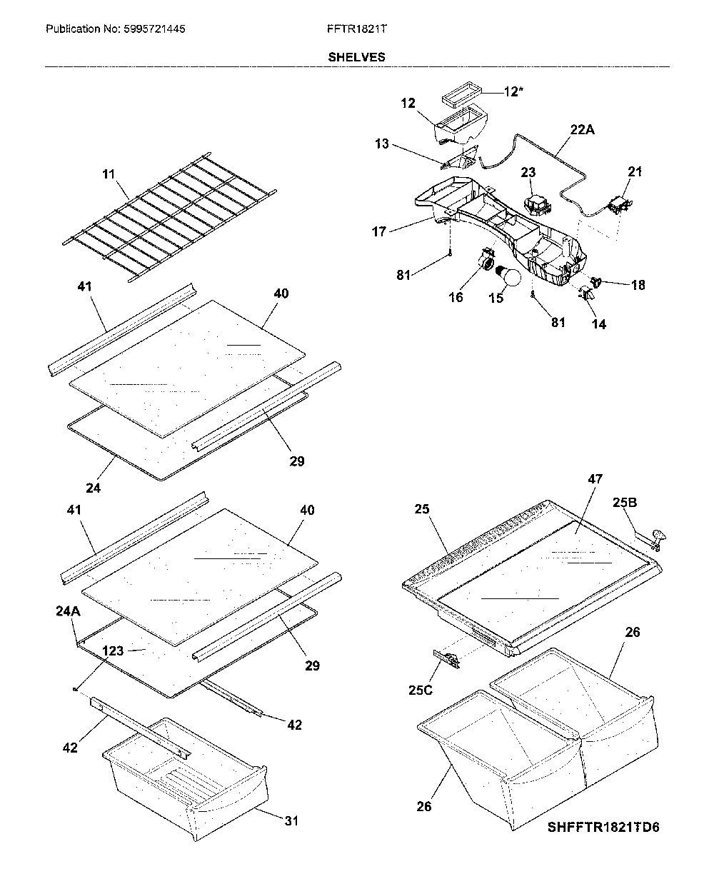 Shelves Diagram and Parts List for FFTR1821TW8  Frigidaire Refrigerator