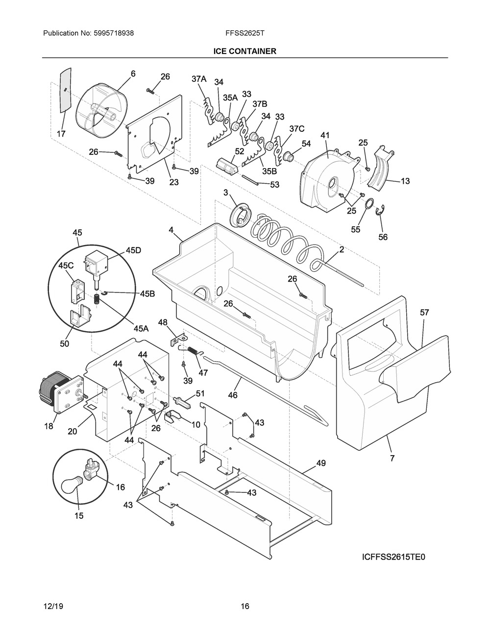 Ice Container Diagram and Parts List for FFSS2625TP3  Frigidaire Refrigerator