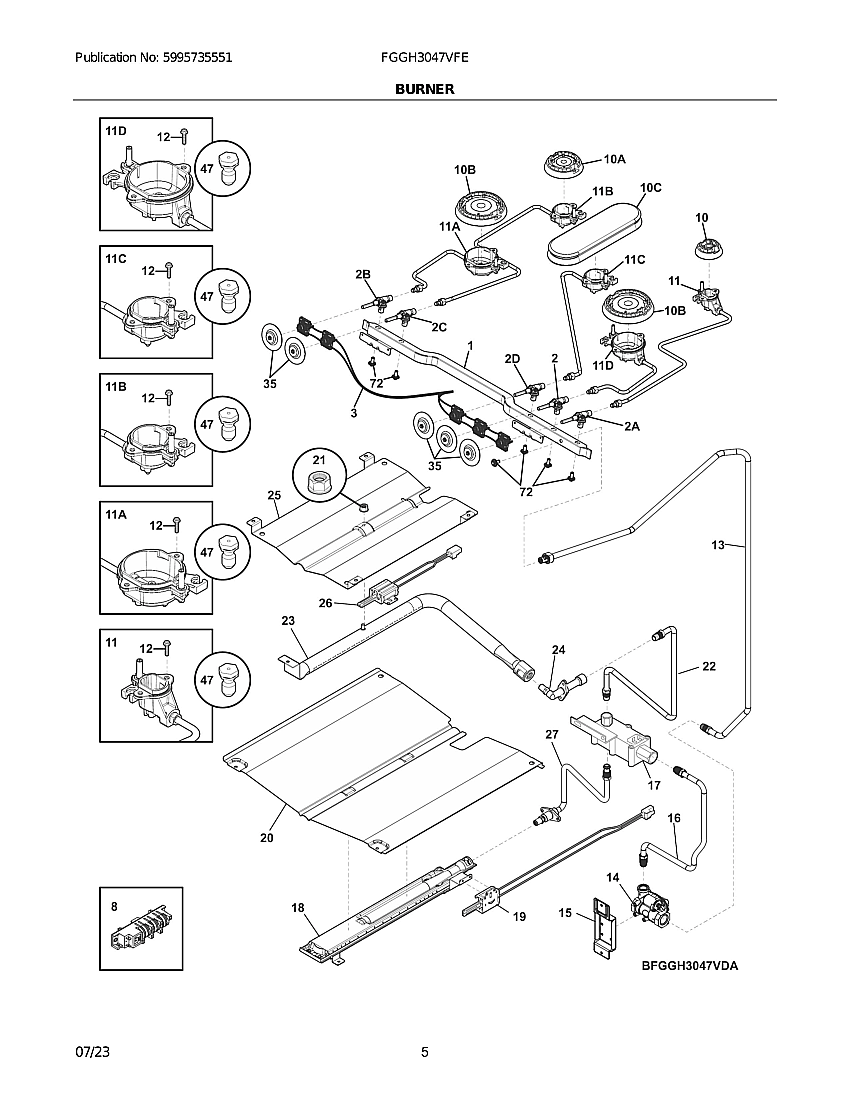 Burner Diagram and Parts List for FGGH3047VFE  Frigidaire Range