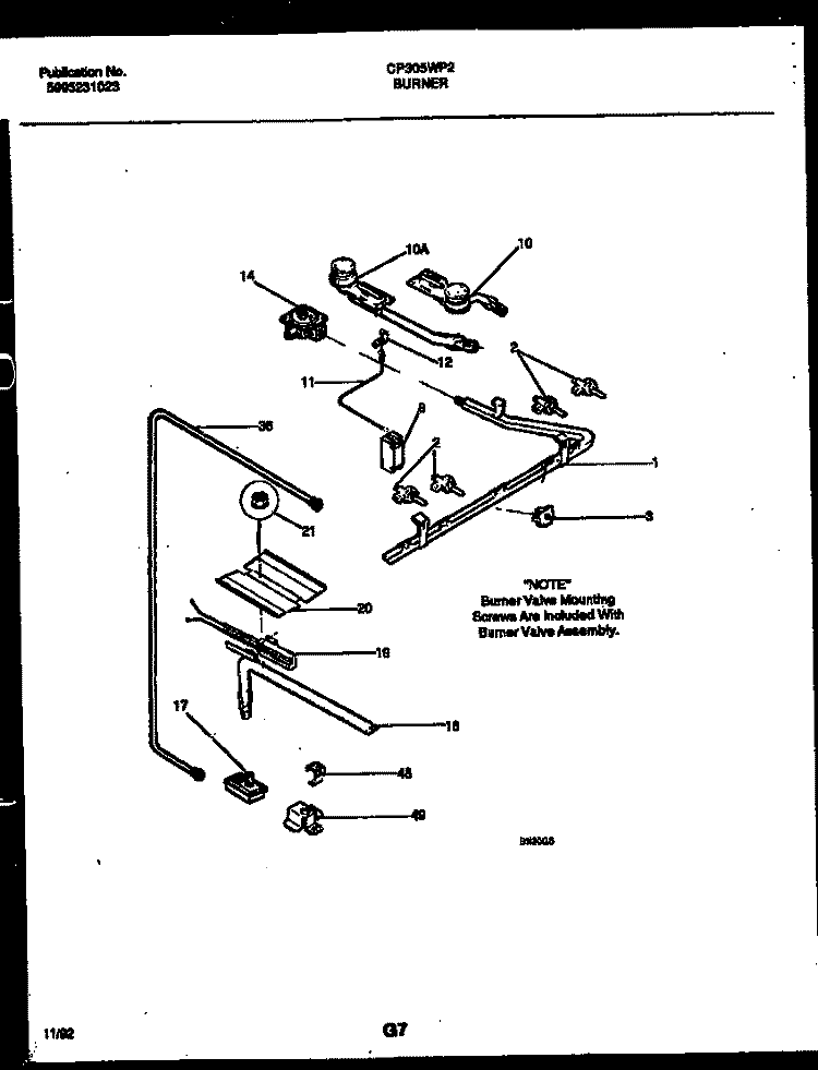 BURNER, MANIFOLD AND GAS CONTROL Diagram and Parts List for CP305WP2W1  Frigidaire Range