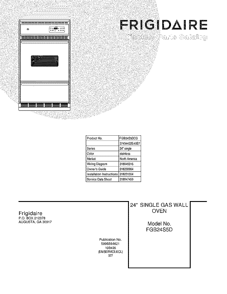 COVER Diagram and Parts List for FGB24S5DCG  Frigidaire Wall Oven