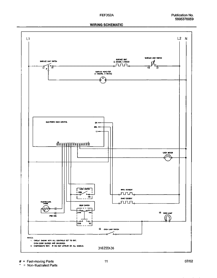 WIRING SCHEMATIC Diagram and Parts List for FEF352ASD  Frigidaire Range