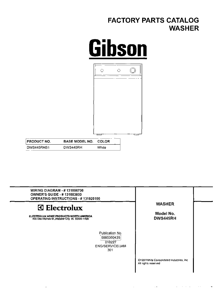 COVER Diagram and Parts List for DWS445RHS1  Gibson Washer