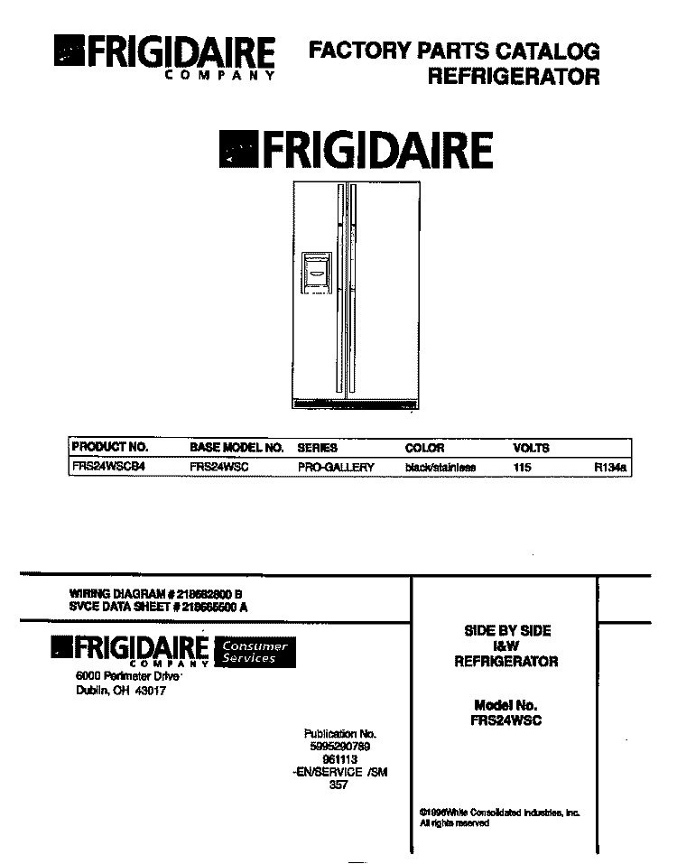 COVER Diagram and Parts List for FRS24WSCB4  Frigidaire Refrigerator