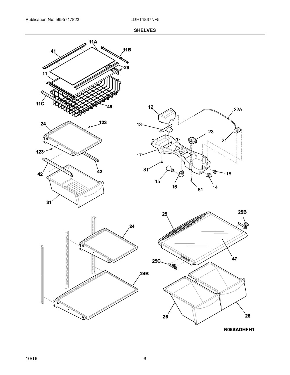 Shelves Diagram and Parts List for LGHT1837NF5  Frigidaire Refrigerator