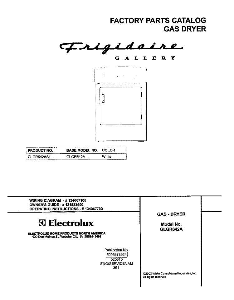 COVER Diagram and Parts List for GLGR642AS1  Frigidaire Dryer